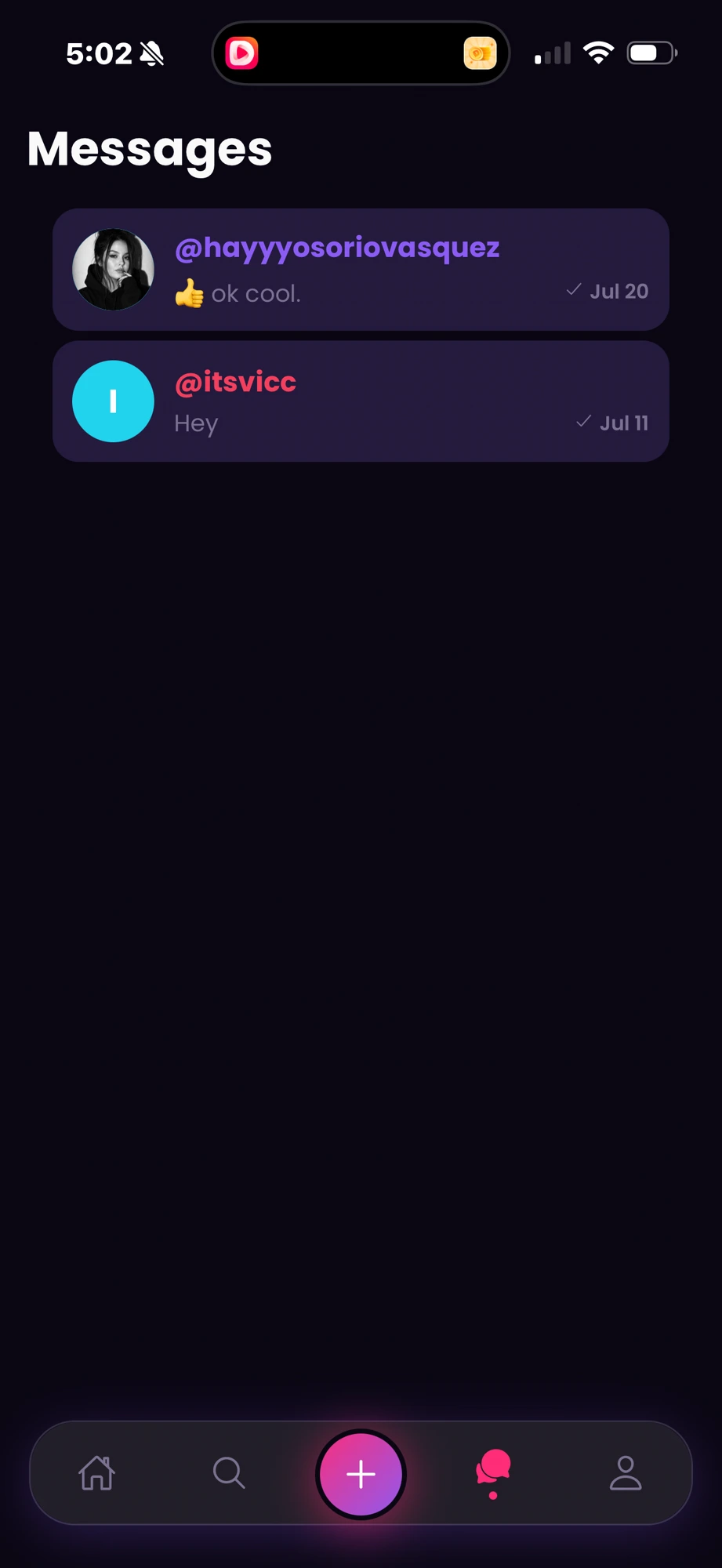 Messages inbox in the SocialFlareXP app