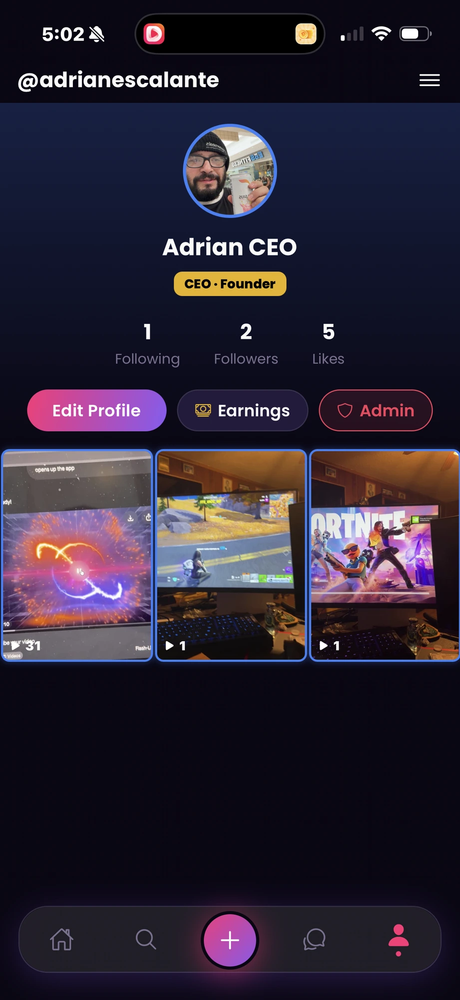 Creator profile in the SocialFlareXP app